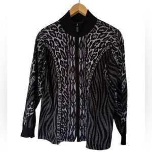 Bob Mackey Wearable Art Black Geometric Print Zip Cardigan Sweater Size L